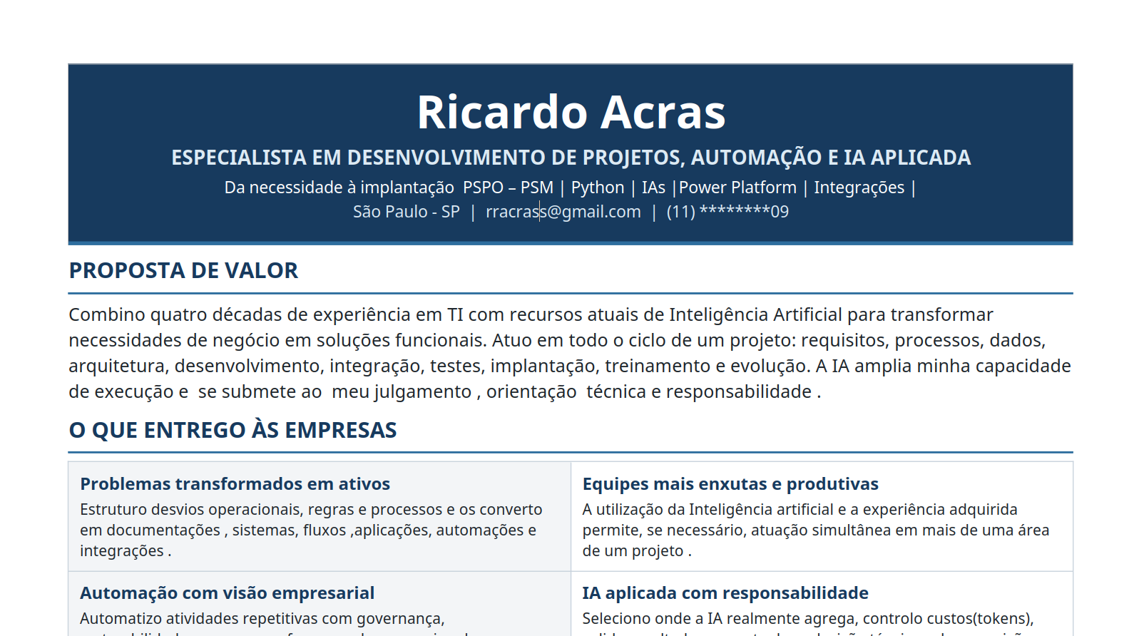 Currículo profissional de Ricardo Acras